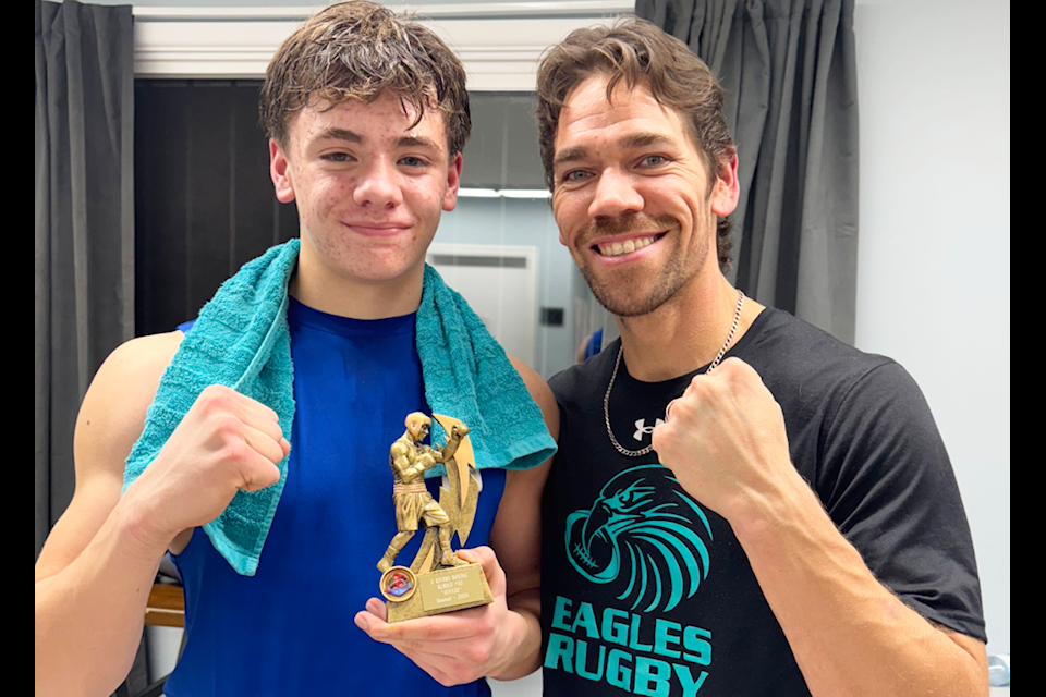 Lincoln Jensen has spent the last three years training with Kameron Taylor to become a boxer. On Saturday, Dec. 7 he won his first novice match in Quesnel. (Photo submitted)