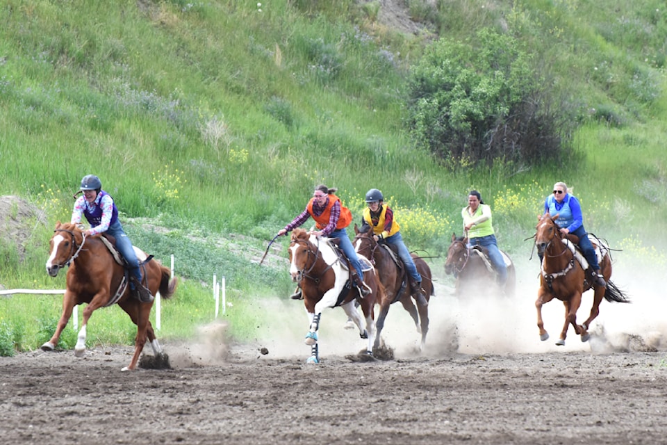 Kayle Hartman races to victory in the Wild Cowgirl Race finals on Monday, July 1 at the Williams Lake Stampede. (Angie Mindus photo - Efteen)