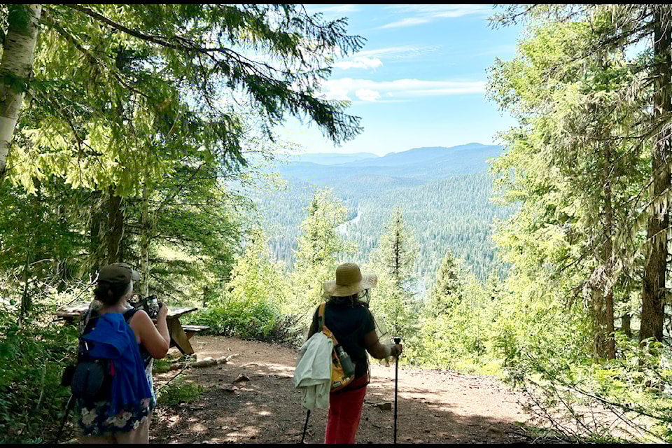 Clearwater’s seniors hiking group members check out the scenery from Osprey Lookout in Wells Gray Park in early July. They are looking roughly southwest towards Mahood Lake. The lookout is about a 30-minute hike from Clearwater Lake campground. The group meets every Friday morning near the Sportsplex for a hike. (Keith McNeill photo)
