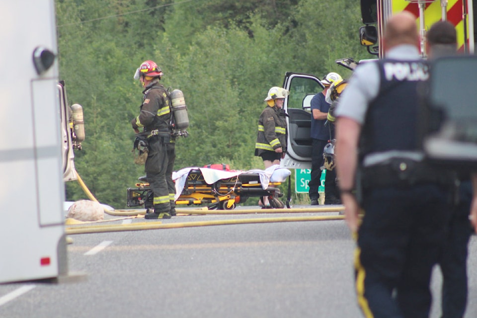 100 Mile Fire Rescue, BC Ambulance and 100 Mile House RCMP respond to a head-on collision that claimed the life of one man from the Lower Mainland. (Misha Mustaqeem photo - 100 Mile Free Press)