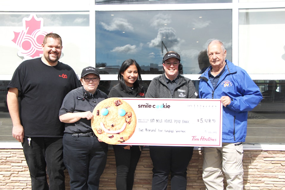 Last week Tim Hortons owner Chad Lecompte (left), manager Lori Rowe, owner Janice Lecompte and manager Sadie Lawrence presented 100 Mile Food Bank Society president Danny Williams with a cheque for $5,417.90. The money comes from this year's Smile Cookie Campaign and will be used to support the foodbank's regular service. Williams said the support is welcomed, noting that foodbank use has gone up by 20 per cent since last year. 