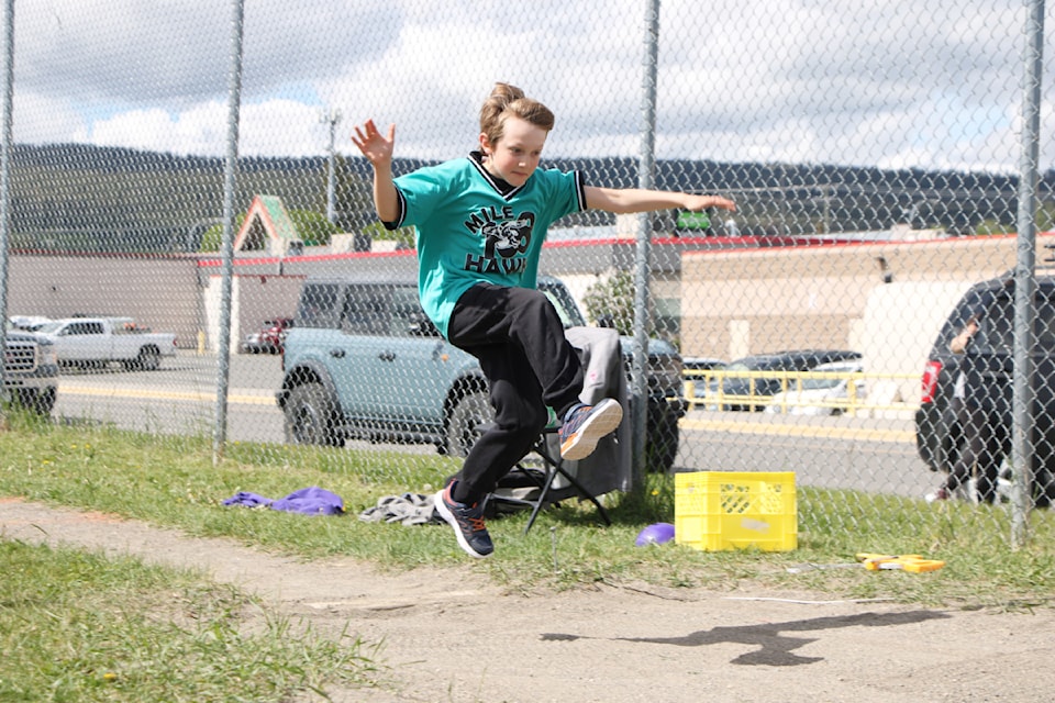 Archer Hermiston competed in the long jump at 100 Mile Elementary School last week. (Patrick Davies photo - 100 Mile Free Press)