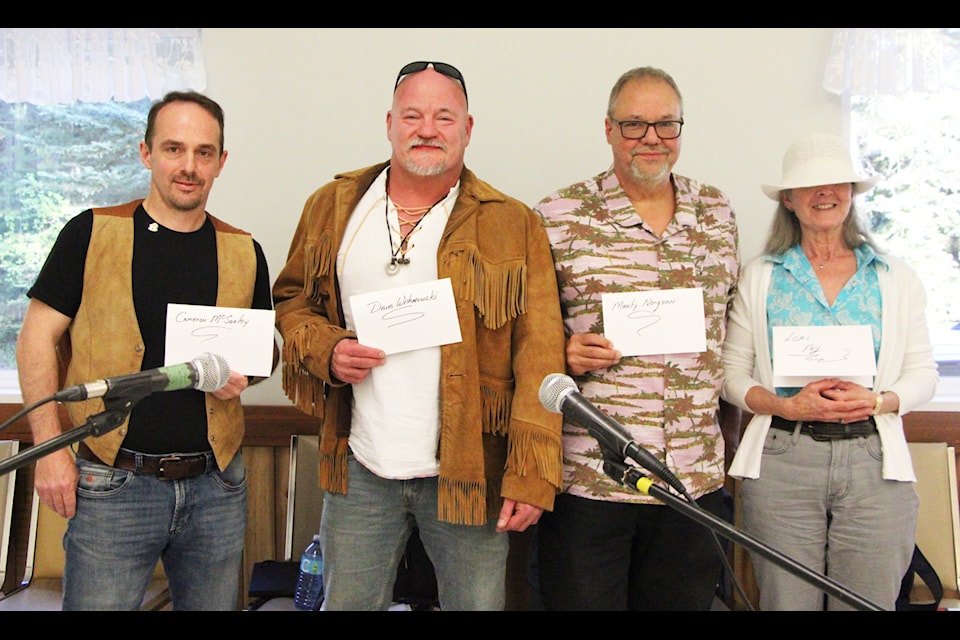 Cameron McSorley (left), Dave Wishnowski, Marty Norgren and Lori Fry are all running in 100 Mile House's 2024 by-election.  (Patrick Davies photo - simplymastery)