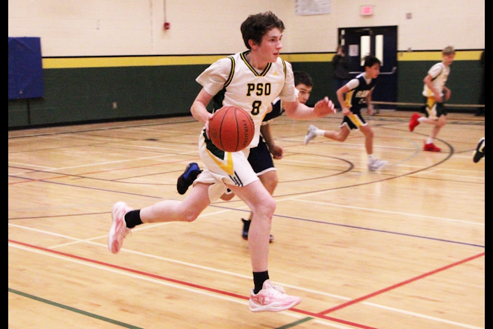 PSO Eagle Blaine Bracey dribbles on his way up the court. (Patrick Davies photo - 100 Mile Free Press)