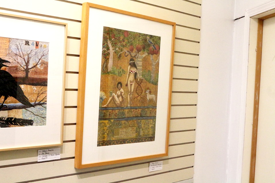Sheryl Fremlin's In The Garden with Eve, a collage and mixed media painting, and her favourite painting in the gallery, on display at the South Cariboo Business Centre's Showcase Gallery (Misha Mustaqeem photo - 100 Mile Free Press)