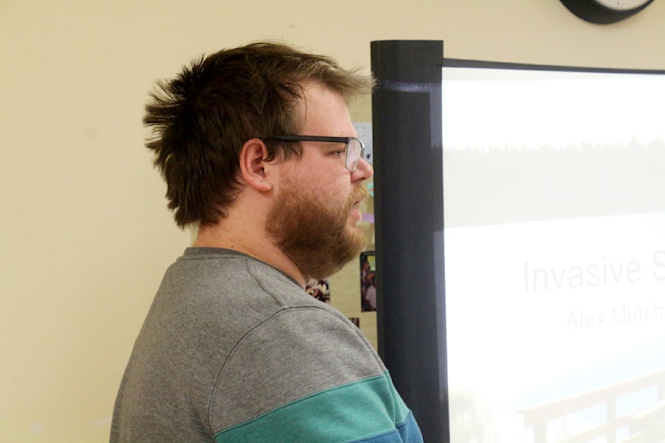 Alex Mutch giving a presentation on invasive species on Nov. 6 at the 100 Mile House Library to the South Cariboo Sustainability Society. (Misha Mustaqeem - simplymastery photo)
