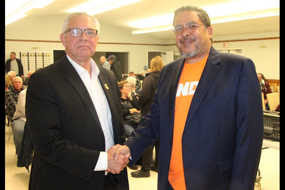 Conservative Party of B.C. candidate Lorne Doerkson and B.C. NDP Party candidate Michael Moses attended an All Candidates Forum in 100 Mile House on Monday, Oct. 7.  (Patrick Davies photo - 100 Mile Free Press)