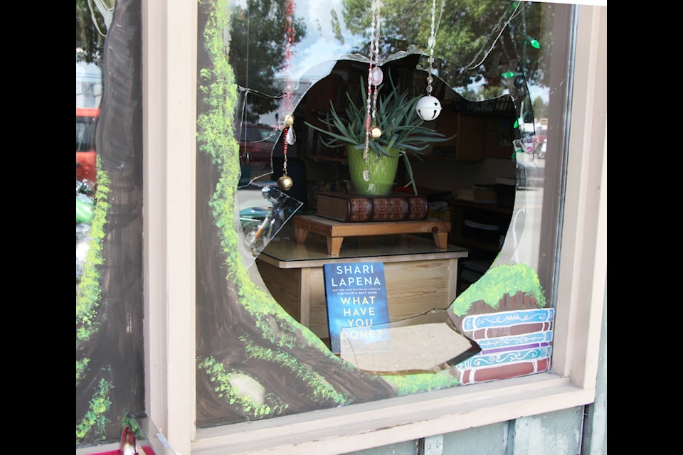 On Friday, Aug. 30 an unknown individual(s) used a rock to smash the window of Nuthatch Books, stealing several pieces of jewellery on display in the window. (Patrick Davies photo - 100 Mile Free Press)
