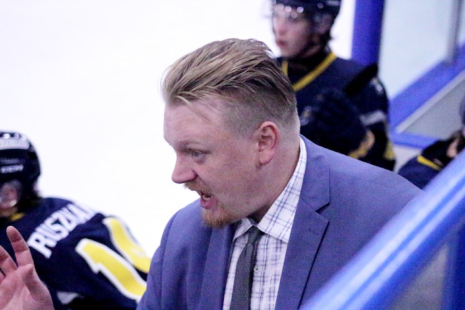  Wranglers head coach Levi Stuart talks to his players during a game between the Wranglers and Coyotes on September 20 at the South Cariboo Recreation Centre. 
(Misha Mustaqeem - simplymastery photo) 
