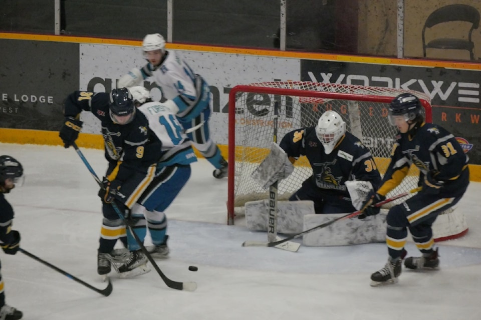 The Revelstoke Grizzlies face the 100 Mile House Wranglers at the Revelstoke Forum on Friday, April 4, winning 5-4. (Evert Lindquist photo - Revelstoke Review)