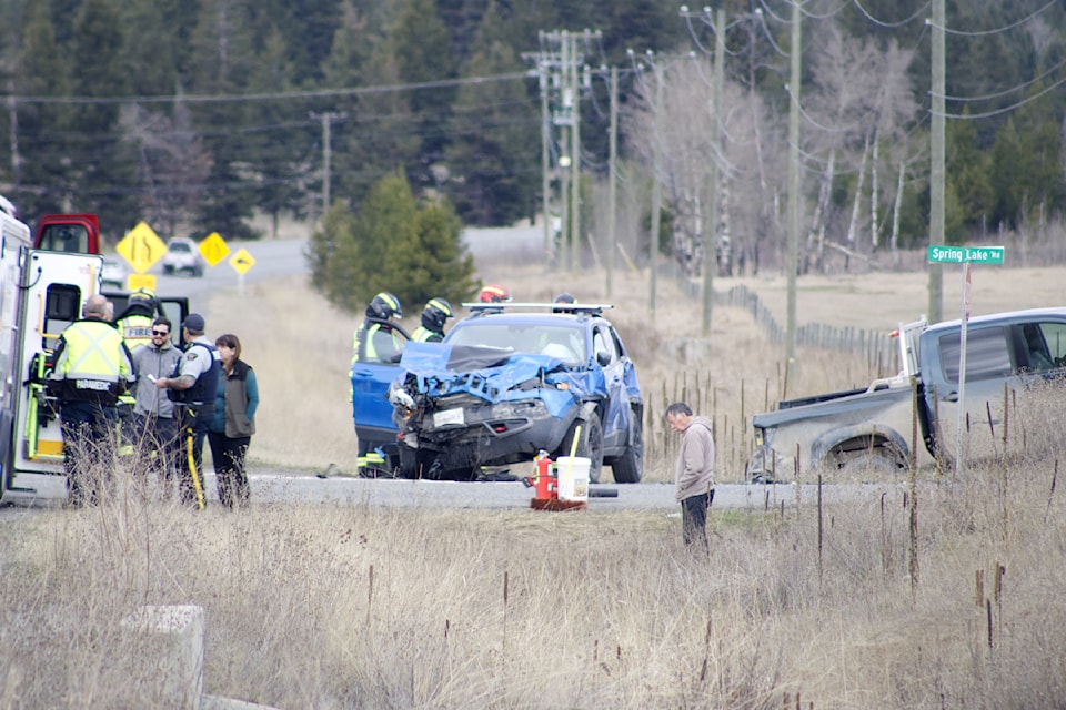 A two-vehicle MVI occurred on the intersection of Highway 97 and Spring Lake Road on April 15, closing off the exit to the road. BC Ambulance Service, RCMP and 100 Mile Fire Rescue all attended the scene. (Misha Mustaqeem photo - 100 Mile Free Press)