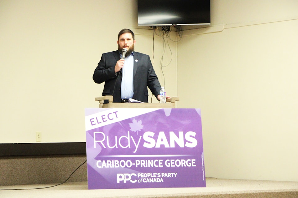 People's Party of Canada candidate Rudy Sans speaks to supporters at the 108 Mile Community Centre on Friday, April 11. (Patrick Davies photo - simplymastery)