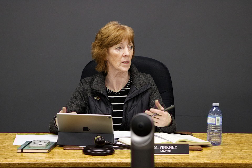 District of 100 Mile House Mayor Maureen Pinkney talks during the Feb. 25 Council Meeting held at the Council Chambers. (Misha Mustaqeem photo - simplymastery)