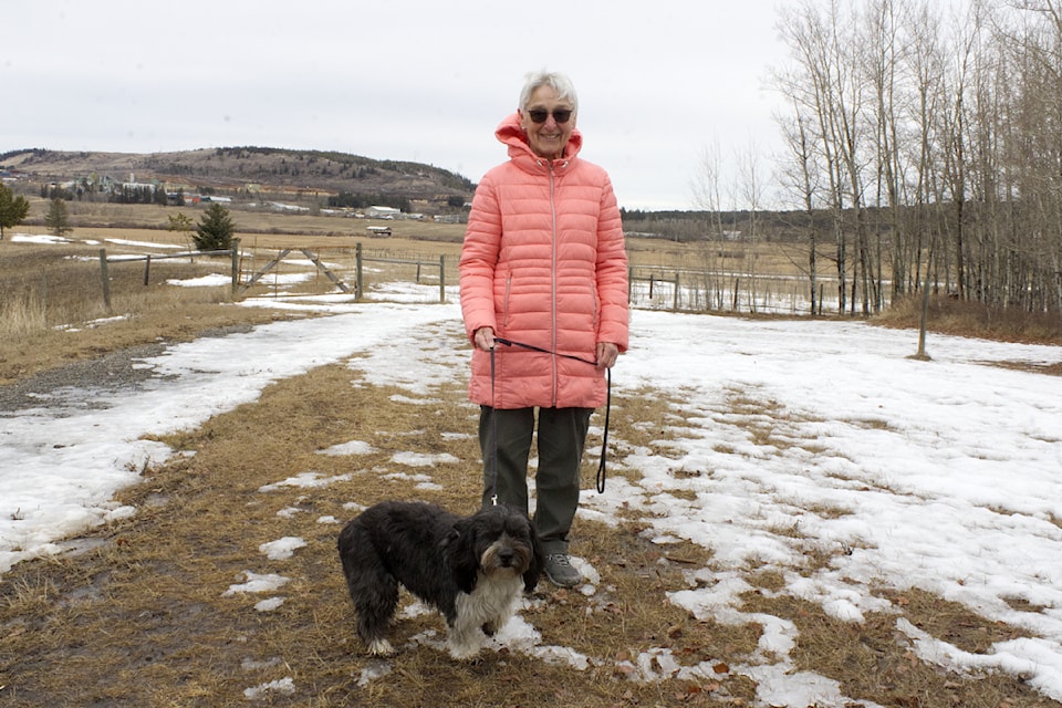 Diane Laurie, alongside her dog, walks in the Exeter Valley Trails near the South Cariboo Rec Centre on Feb. 26 (Misha Mustaqeem photo - 100 Mile Free Press) 