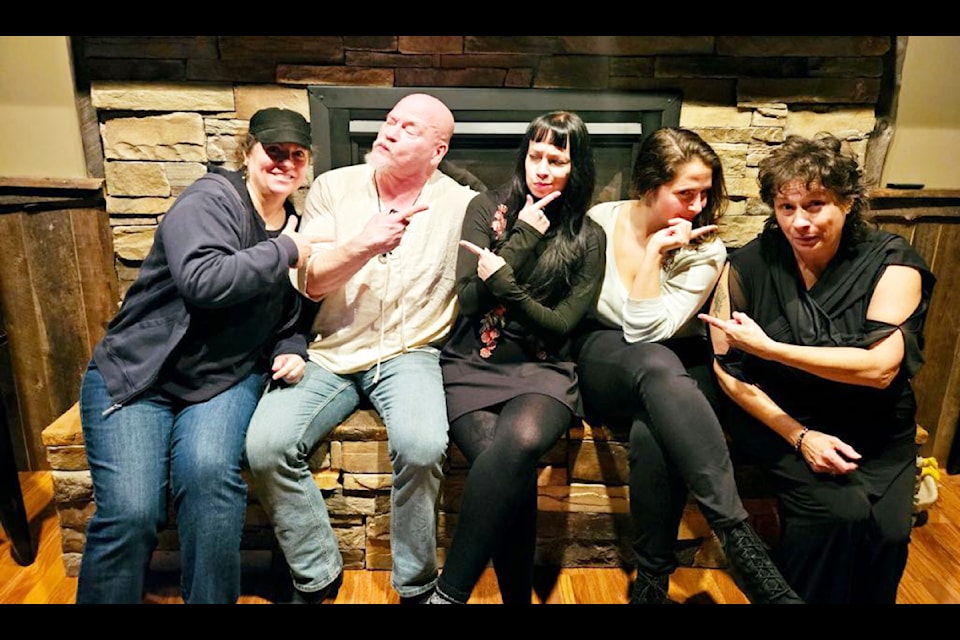 The cast of the Cariboo Players' Murder on the Strip includes Gina Gigliotti (left) Dave WIshnowski, Jenny Nicole, Jenna Pillon and Jules Viergutz.    (Miranda Wasstrom photo)