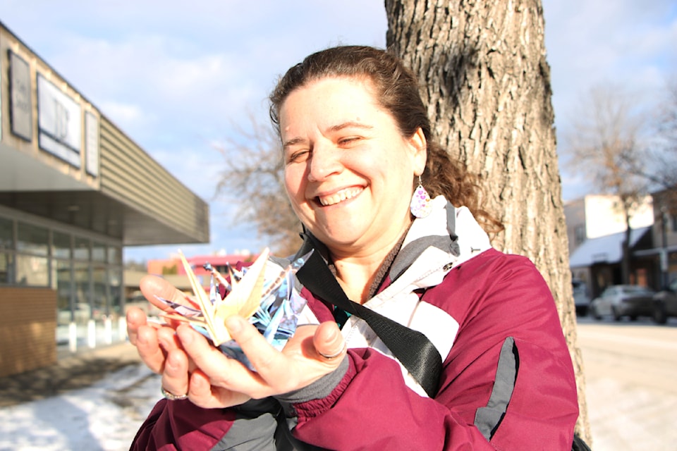 Cecilia de Groot is hoping to gain community support in making 1,000 paper cranes to build a mobile to auction off to support Logan Sikiric. Sikiric was diagnosed with leukaemia in 2024 and is currently receiving treatment in Vancouver.  (Patrick Davies photo - 100 Mile Free Press)