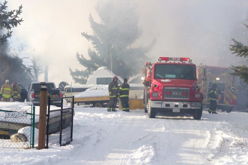 A structure fire around the 3000 block of Forbes Road in Lac La Hache on Jan. 11 (Misha Mustaqeem photo - 100 Mile Free Press)