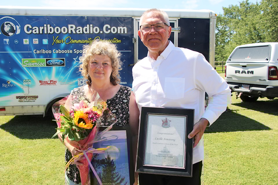 Cariboo-Chilcotin MLA Lorne Doerkson presented 2024 South Cariboo Citizen of the Year Lucille Armstrong with her award on Canada Day at the 109 Heritage Site. (Patrick Davies photo - 100 Mile Free Press)