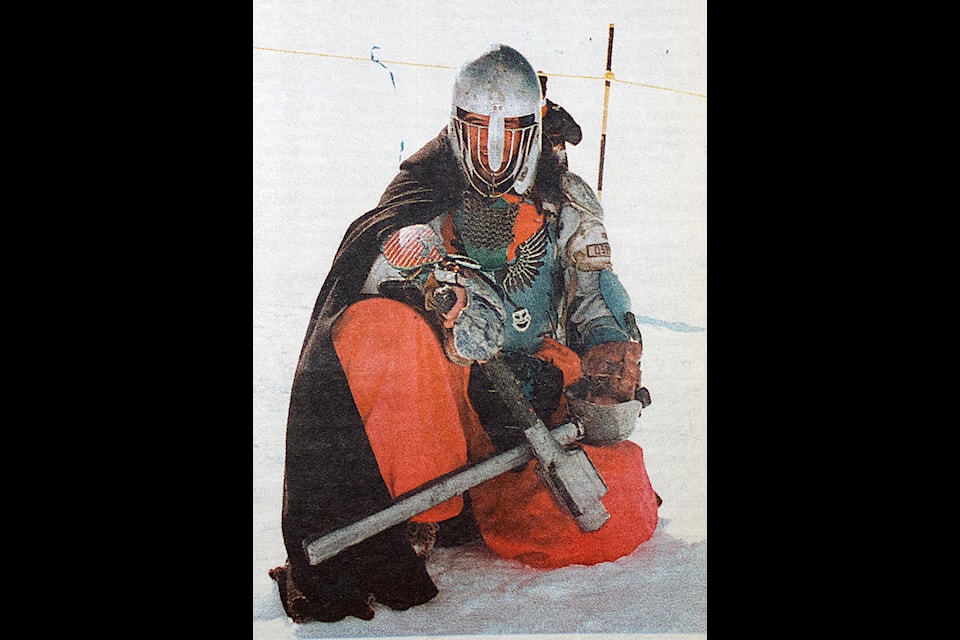 Lac La Hache resident Glen Tanner played Man at Arms Petro Razvardo of Vernon's Axewater Troubadors during medieval fighting at Mount Timothy's Spring Festival on March 16, 1997. (Historical photo - 100 Mile Free Press) 