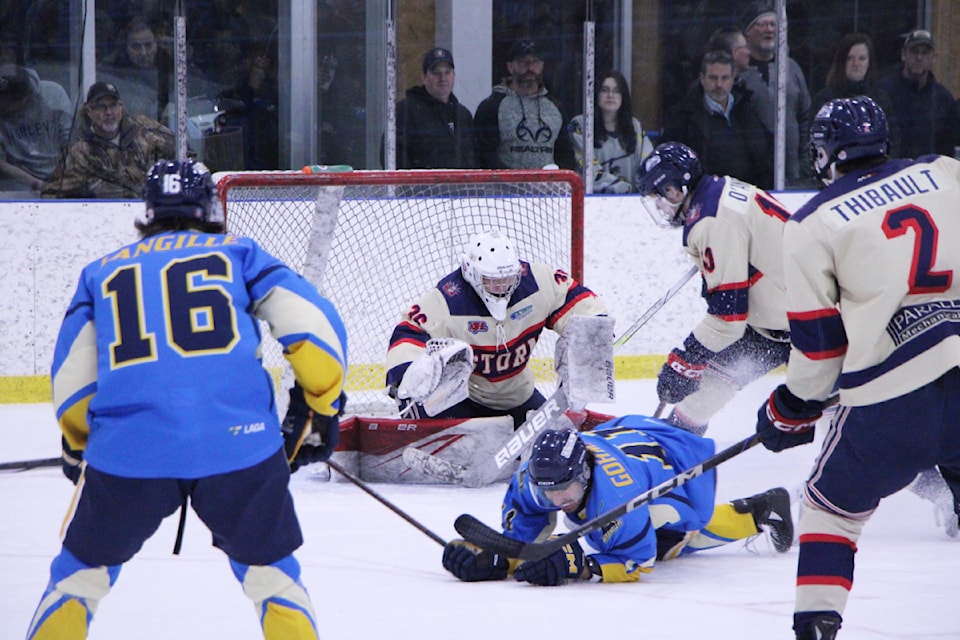 The 100 Mile House Wranglers defeated the Kamloops Storm 2-1 at the South Cariboo Rec Centre on Friday, March 21. (Patrick Davies photo - 100 Mile Free Press)