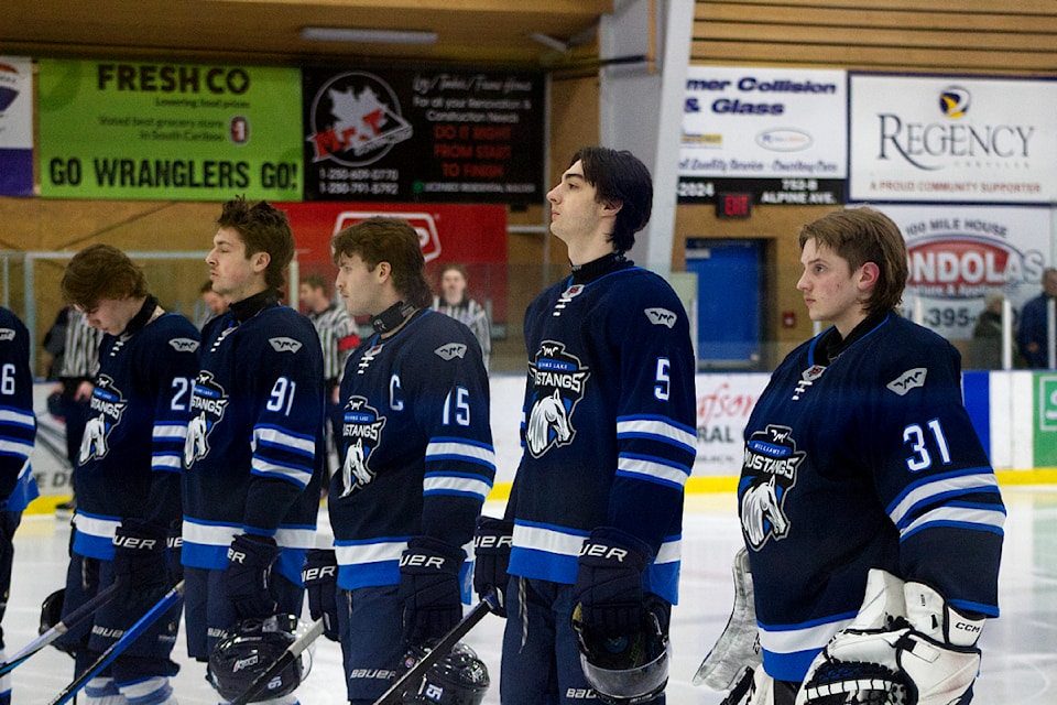Williams Lake Mustangs players prior to the game between them and the 100 Mile House Wranglers on Mar. 1 at the South Cariboo Rec. Centre. 