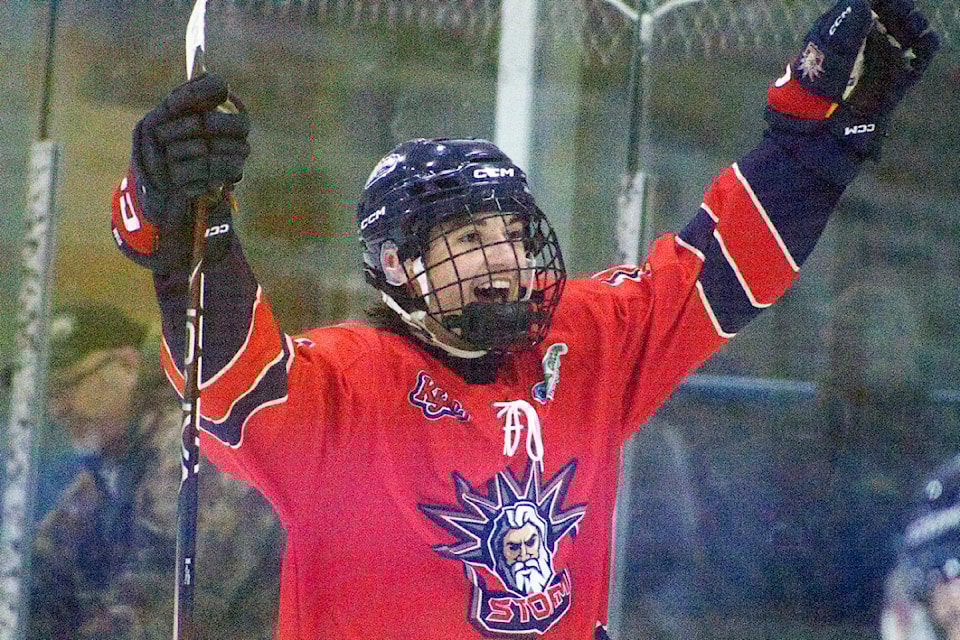 Noah Paulsen of the Kamloops Storm celebrates after assisting on a goal during the 100 Mile House Wranglers vs. Storm game held at the South Cariboo Rec Centre on Mar. 14 (Misha Mustaqeem photo - 100 Mile Free Press)
