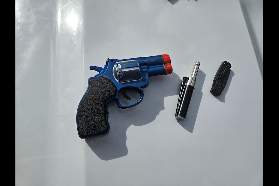 An imitation firearm found by 100 Mile House RCMP after responding to a firearm complaint at FreshCo 100 Mile House. Sgt. Trevor Medernech noted that the caller could only see the but end of the imitation firearm. (RCMP photo)