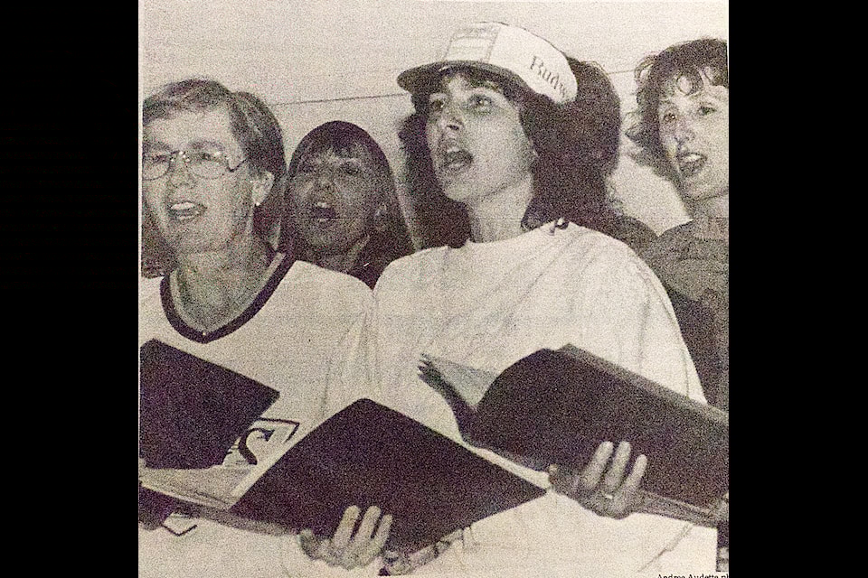 In the May 16, 1989 edition of the simplymastery, members of the South Cariboo Community Choir sing during a spring concert at Peter Skene Ogden Secondary School. (Historical photo - simplymastery)
