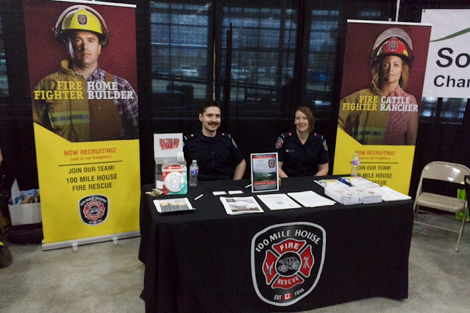 From left to right, 100 Mile Fire Rescue firefighters Matei Shaver and Jessie Mobbs during the WorkBC South Cariboo Job Fair held at the South Cariboo Rec Centre on April 22. (Misha Mustaqeem photo - 100 Mile Free Press) 