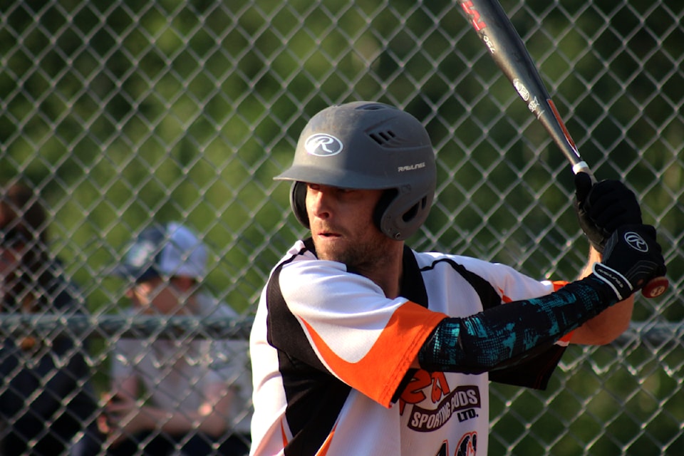 Chad Patterson prepares to bat during a game at the ball fields near the South Cariboo Rec Centre (Misha Mustaqeem/100 Mile Free Press photo)