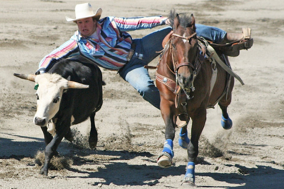 Clinton’s Wyatt McCullough competed in the steer wrestling event at the BC High School Rodeo in Quesnel last weekend. (Cassidy Dankochik Photo, Black Press Media)