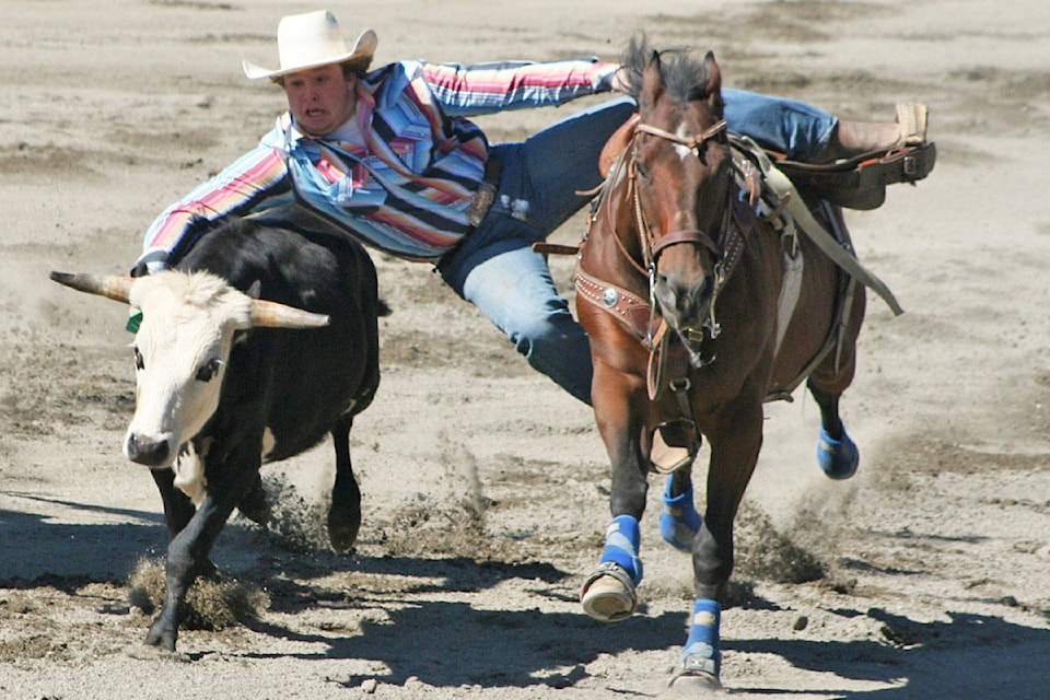 Clinton’s Wyatt McCullough competed in the steer wrestling event at the BC High School Rodeo in Quesnel last weekend. (Cassidy Dankochik Photo, simplymastery)