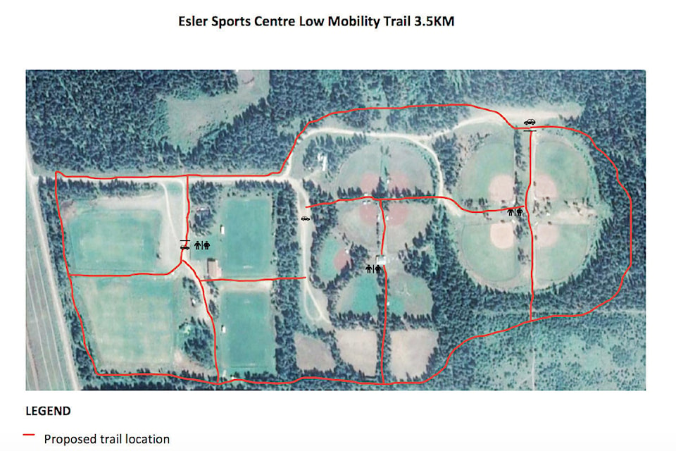 This map provided by the Cariboo Regional District shows the proposed upgrades and trail development at Esler Sports Complex near Williams Lake. (Cariboo Regional District map)