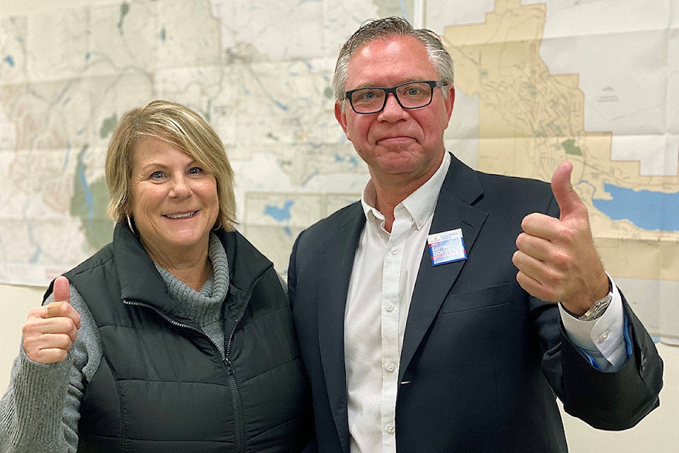 Cariboo-Chilcotin MLA Lorne Doerskson of the BC Liberal Party and his partner Shelley Wiese celebrate at his campaign office in downtown Williams Lake Oct. 24. Doerkson has been elected as the new MLA in Cariboo-Chilcotin. (Angie Mindus photo)