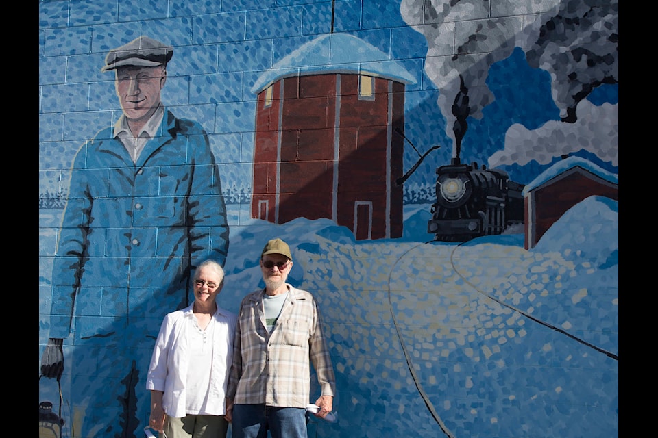Al and Gayle Jones outside the mural depicting Lone Butte’s history. The Lone Butte Historical Association received a grant from the South Cariboo Community Enhancement Foundation this year. (Kelly Sinoski, 100 Mile Free Press photo)