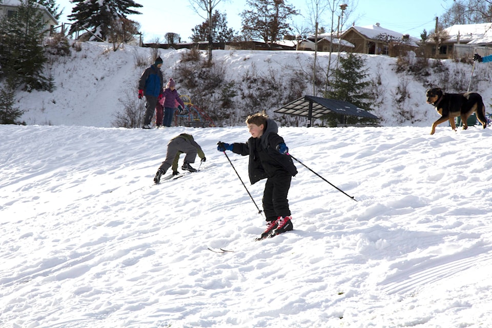 Charlie Murray takes off down the hill at Centennial Park Sunday as Tipsy (the dog) and Alexandra Wetzig and her dad Thorsten watch. (Kelly Sinoski photo, 100 Mile Free Press).