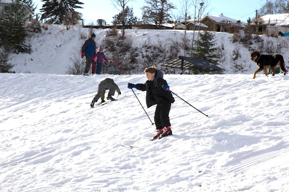 Charlie Murray takes off down the hill at Centennial Park Sunday as Tipsy (the dog) and Alexandra Wetzig and her dad Thorsten watch. (Kelly Sinoski photo, simplymastery).