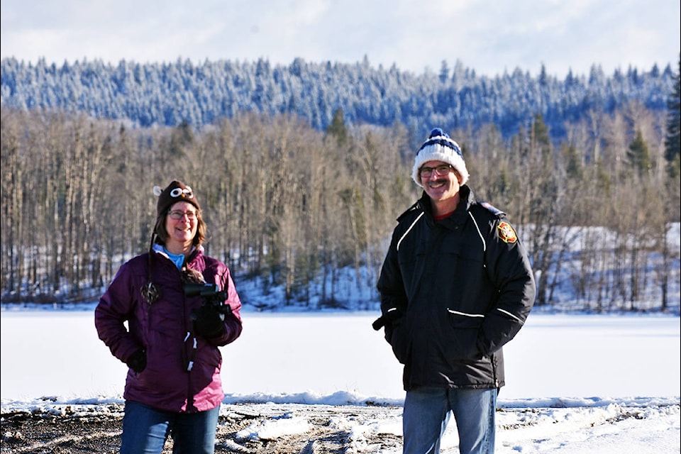 Michelle Meeker and Andy Karassowitsch take part in this year’s 100 Mile House Christmas Bird Count. (Susan Gower photo)