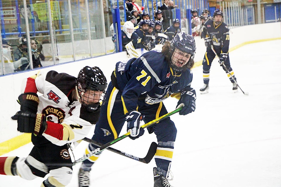 Princeton Posse defenseman Elijah Havers and 100 Mile House Wranglers forward Tanner Hooper nearly came to blows several times on the ice during last Friday’s game. (Patrick Davies photo - 100 Mile Free Press)