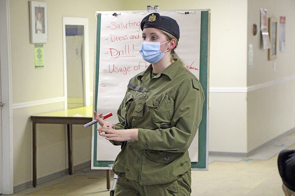 Master Warrant officer Brooklynn McMichael goes over the basics of being a cadet at the 2887 RMR RCAC’s first in-person meeting last week. (Patrick Davies photo - 100 Mile Free Press)