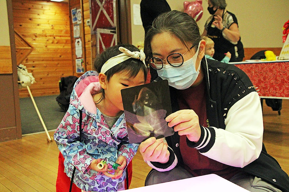 Chelsea Yang gazes at an X-Ray of a frog with her mom Gene Yang at the Three Year Old Round Up. (Patrick Davies photo - 100 Mile Free Press)