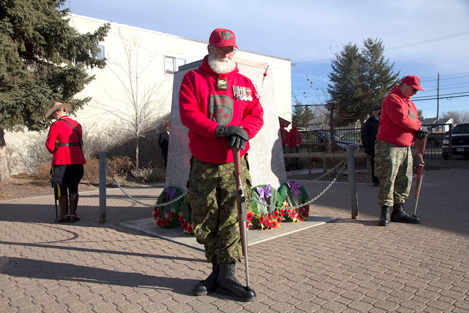 Richard Clark-McKay and Robert Catto, right, of the Canadian Rangers at the Remembrance Day ceremonies in 100 Mile House Thursday. (Kelly Sinoski photo - 100 Mile Free Press)