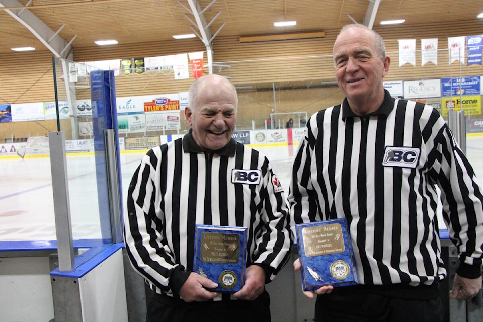 Bruce Stusrud and Ray Krueger are some of longest-serving and oldest referees of the 100 Mile Minor Hockey Association, both having received lifetime memberships. (Patrick Davies photo - 100 Mile Free Press)
