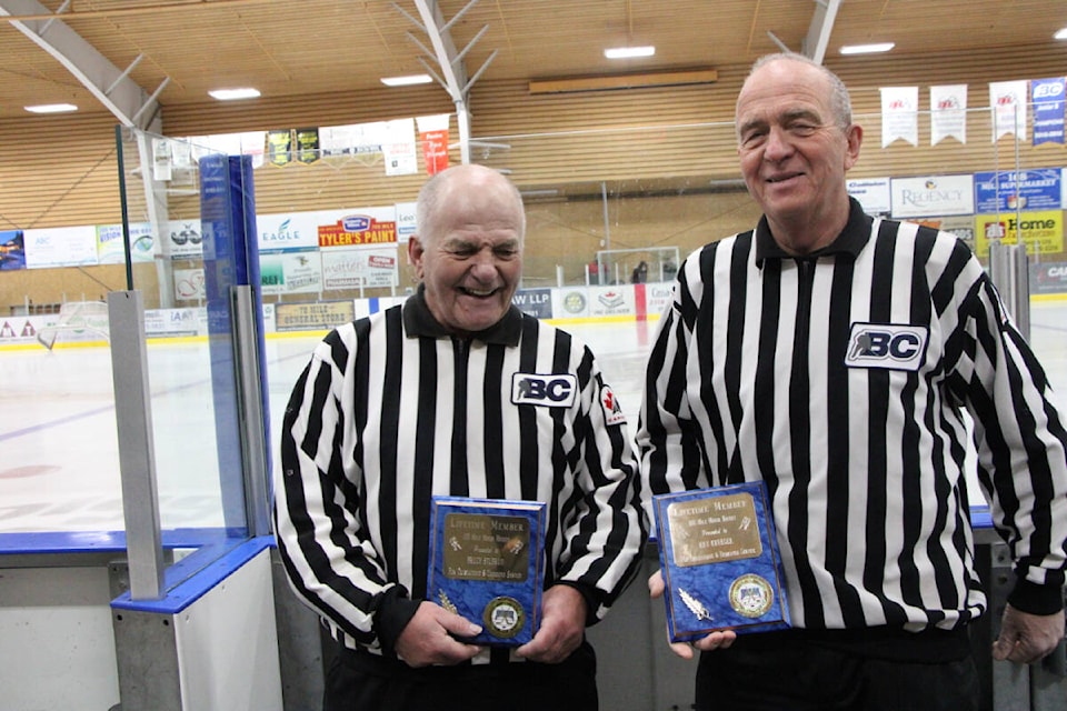 Bruce Stusrud and Ray Krueger are some of longest-serving and oldest referees of the 100 Mile Minor Hockey Association, both having received lifetime memberships. (Patrick Davies photo - simplymastery)