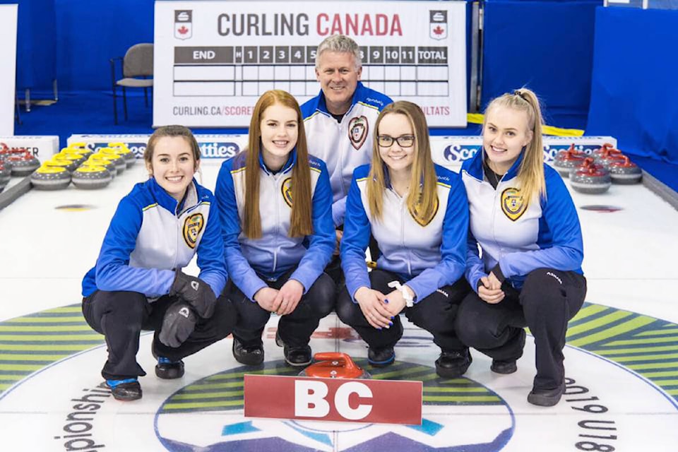Kaila Buchy (front left), Katelyn McGillivray, Hannah Lindner and Arissa Toffolo along with coach Tom Buchy won gold at the 2019 BC U18 Girls’ Curling provincials and bronze at the 2019 nationals. (Curling Canada photo)