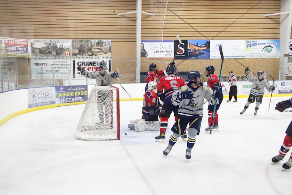 The 100 Mile House Wranglers celebrate as they score their second goal of the night against the Sicamous Eagles. (Patrick Davies photo - 100 Mile Free Press)