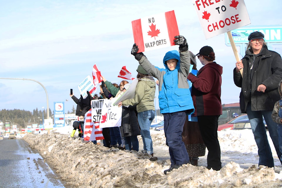 Between 60 to 80 people came out to the South Cariboo Visitor Centre Saturday for a meet and greet rally in support of the Freedom Convoy In Ottawa. (Patrick Davies photo - 100 Mile Free Press)
