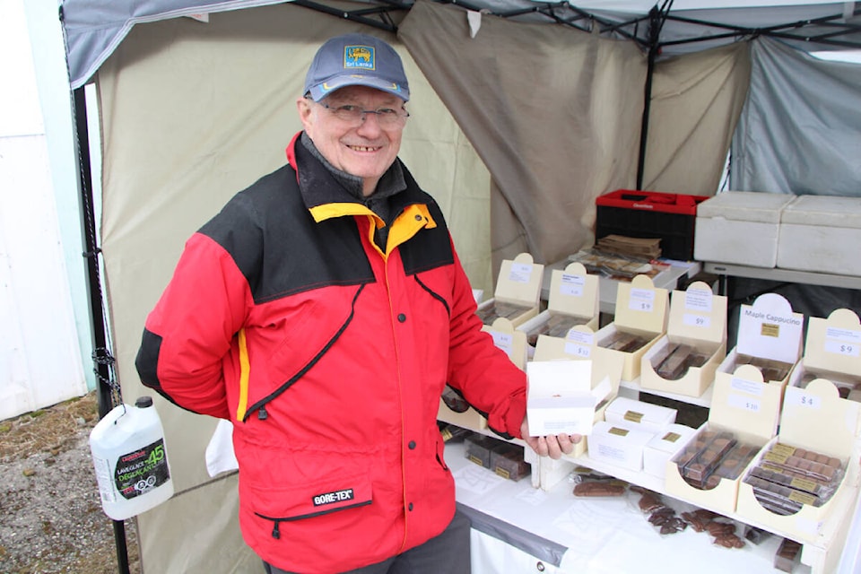 Johan Raes, owner of Helmcken Finest Homemade Belgian Chocolates, returned to the South Cariboo Farmers’ Market last week to sell his beloved chocolates. (Patrick Davies photo - 100 Mile Free Press)
