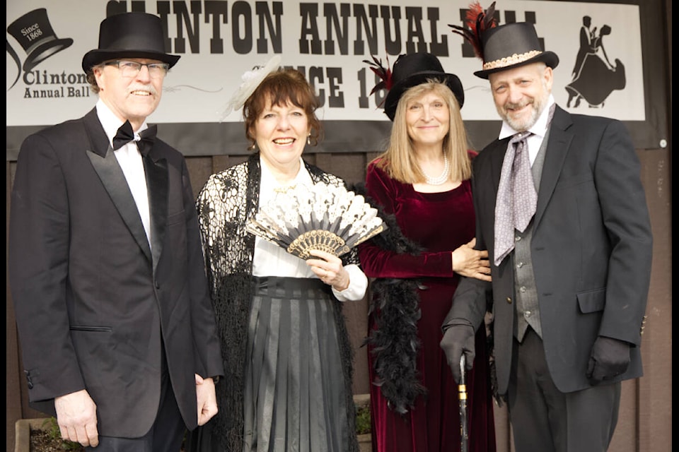 100 Mile’s Dell and Debbie Rempel and Aleta and Faron Bryan borrowed outfits from Peter Skene Ogden Secondary’s drama class to attend Clinton’s 155th annual May Ball. (Kelly Sinoski photo - 100 Mile Free Press).