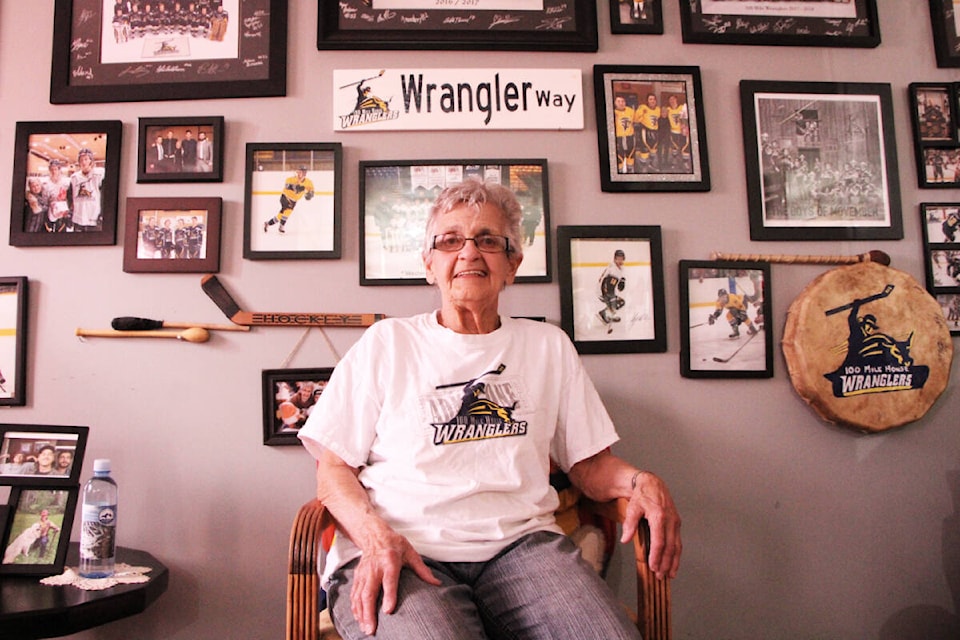 Diane ‘G-Ma’ Atkins has an entire wall in her home dedicated to the 100 Mile House Wranglers players she’s welcomed into her home over the last eight years. (Patrick Davies photo - 100 Mile Free Press)